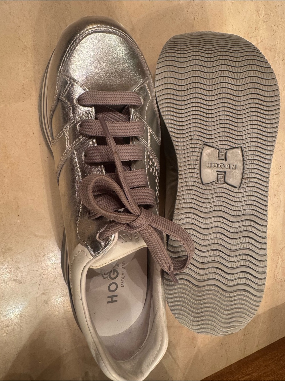 Hogan Metallic Pewter Leather Sneakers